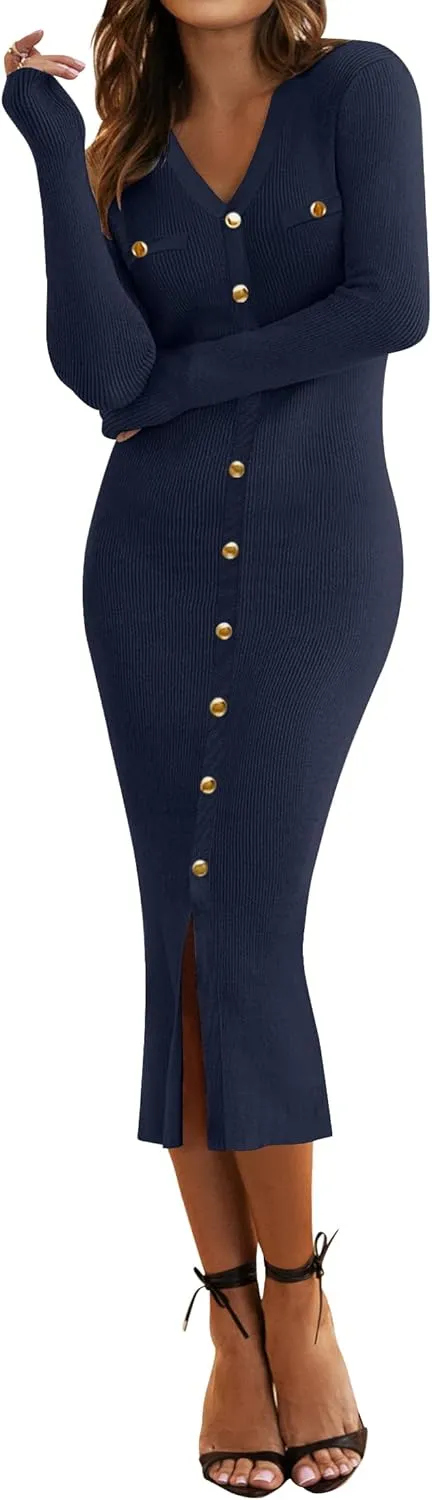 HAEOF Women's 2025 Fall Trendy Midi Sweater Dress Dressy Casual V Neck Long Sleeve Ribbed Knit Winter Formal Bodycon Dresses