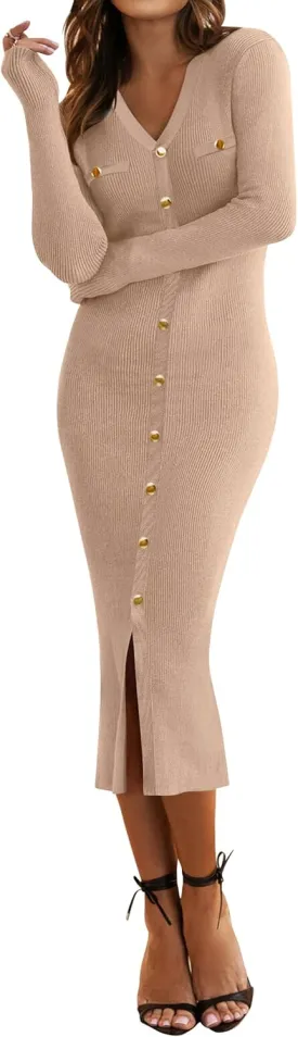 HAEOF Women's 2025 Fall Trendy Midi Sweater Dress Dressy Casual V Neck Long Sleeve Ribbed Knit Winter Formal Bodycon Dresses