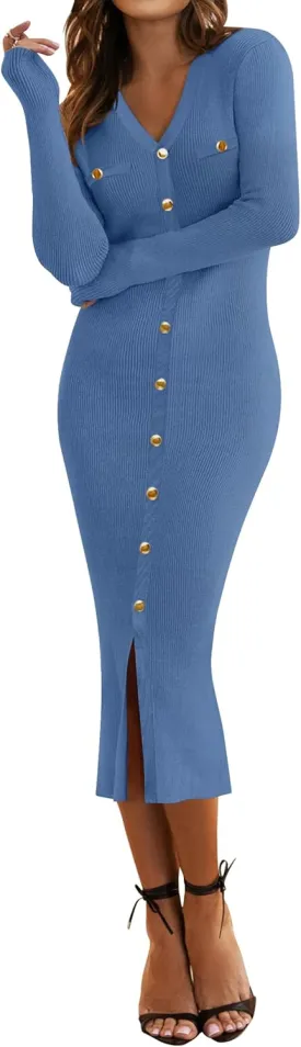 HAEOF Women's 2025 Fall Trendy Midi Sweater Dress Dressy Casual V Neck Long Sleeve Ribbed Knit Winter Formal Bodycon Dresses