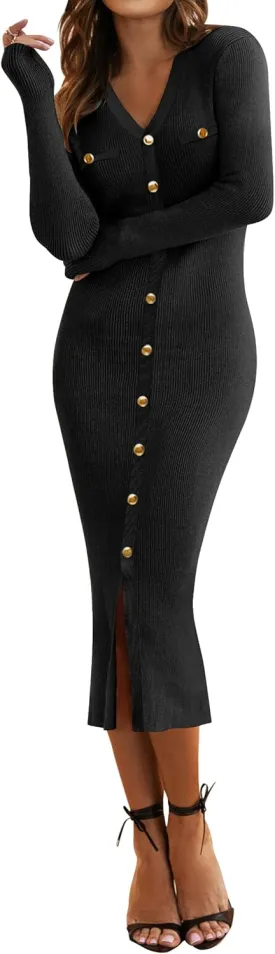 HAEOF Women's 2025 Fall Trendy Midi Sweater Dress Dressy Casual V Neck Long Sleeve Ribbed Knit Winter Formal Bodycon Dresses