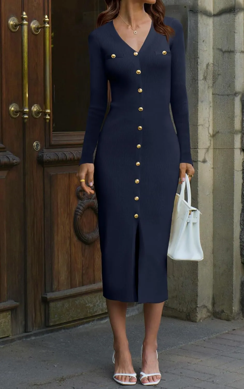 HAEOF Women's 2025 Fall Trendy Midi Sweater Dress Dressy Casual V Neck Long Sleeve Ribbed Knit Winter Formal Bodycon Dresses