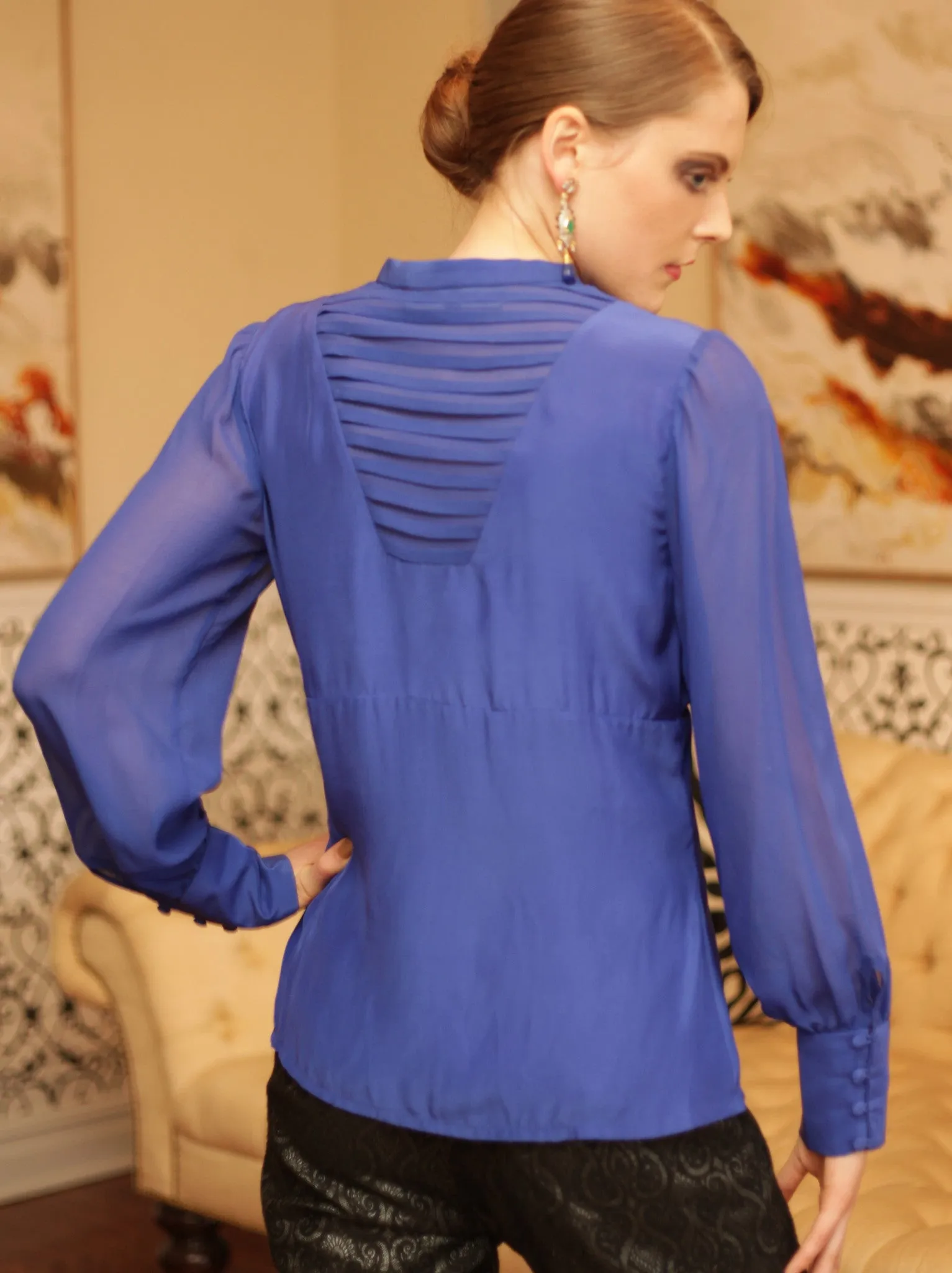 Jen – Silk pleated sheer panel button down shirt