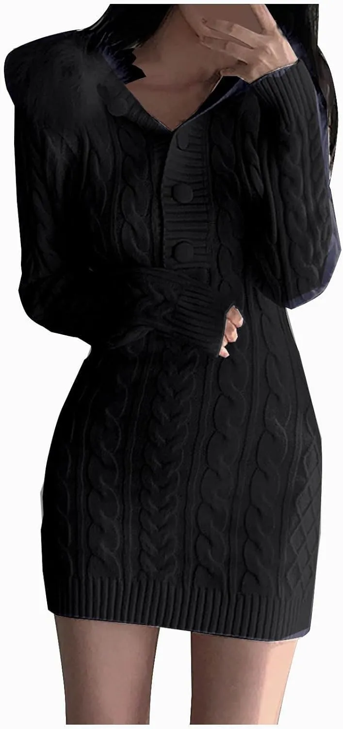 JOAU Women's Cable Knit Mini Sweater Dress Slim Fit Long Sleeve Button Up Dresses Winter V Neck Fur Trim Hooded Short Dress
