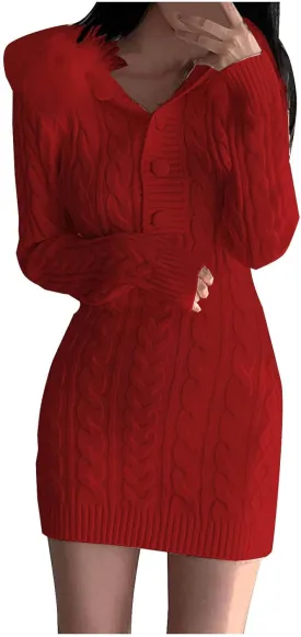 JOAU Women's Cable Knit Mini Sweater Dress Slim Fit Long Sleeve Button Up Dresses Winter V Neck Fur Trim Hooded Short Dress