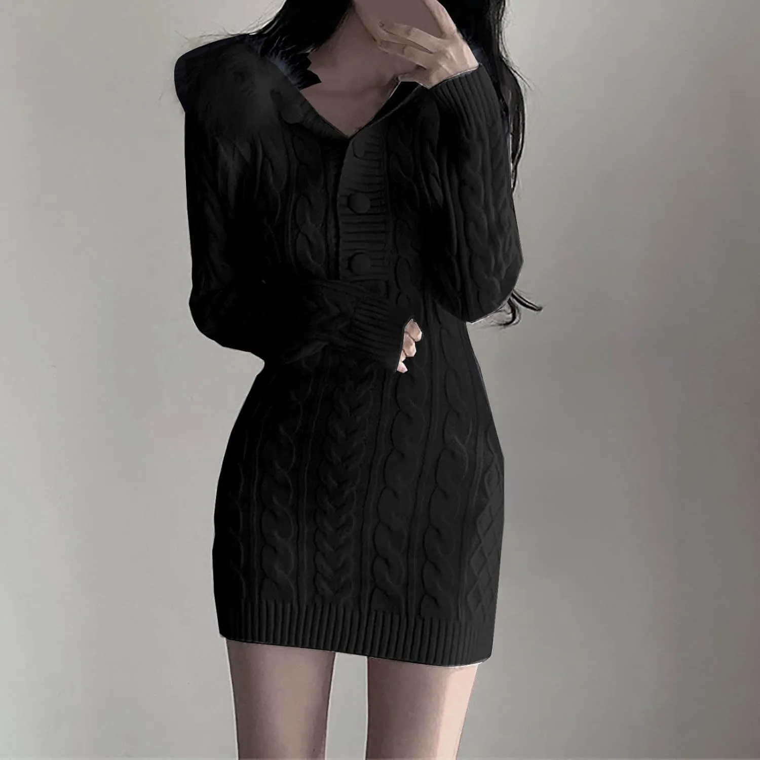 JOAU Women's Cable Knit Mini Sweater Dress Slim Fit Long Sleeve Button Up Dresses Winter V Neck Fur Trim Hooded Short Dress