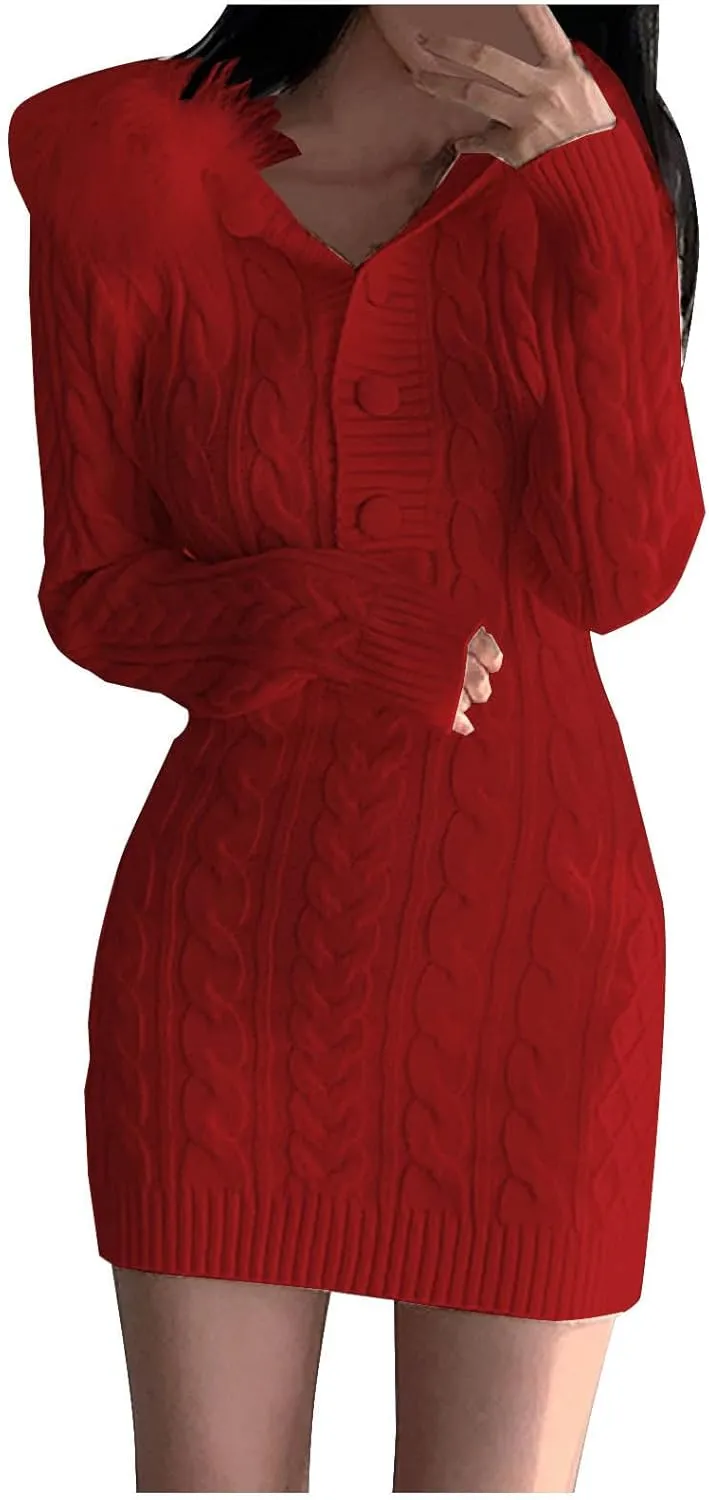 JOAU Women's Cable Knit Mini Sweater Dress Slim Fit Long Sleeve Button Up Dresses Winter V Neck Fur Trim Hooded Short Dress