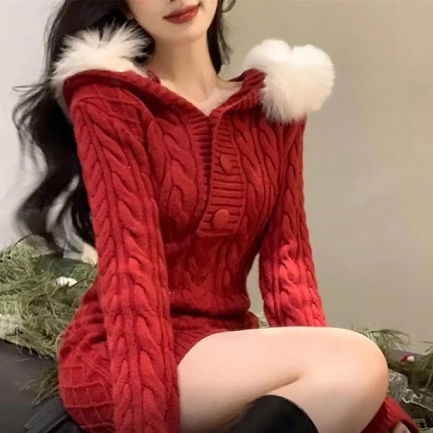 JOAU Women's Cable Knit Mini Sweater Dress Slim Fit Long Sleeve Button Up Dresses Winter V Neck Fur Trim Hooded Short Dress