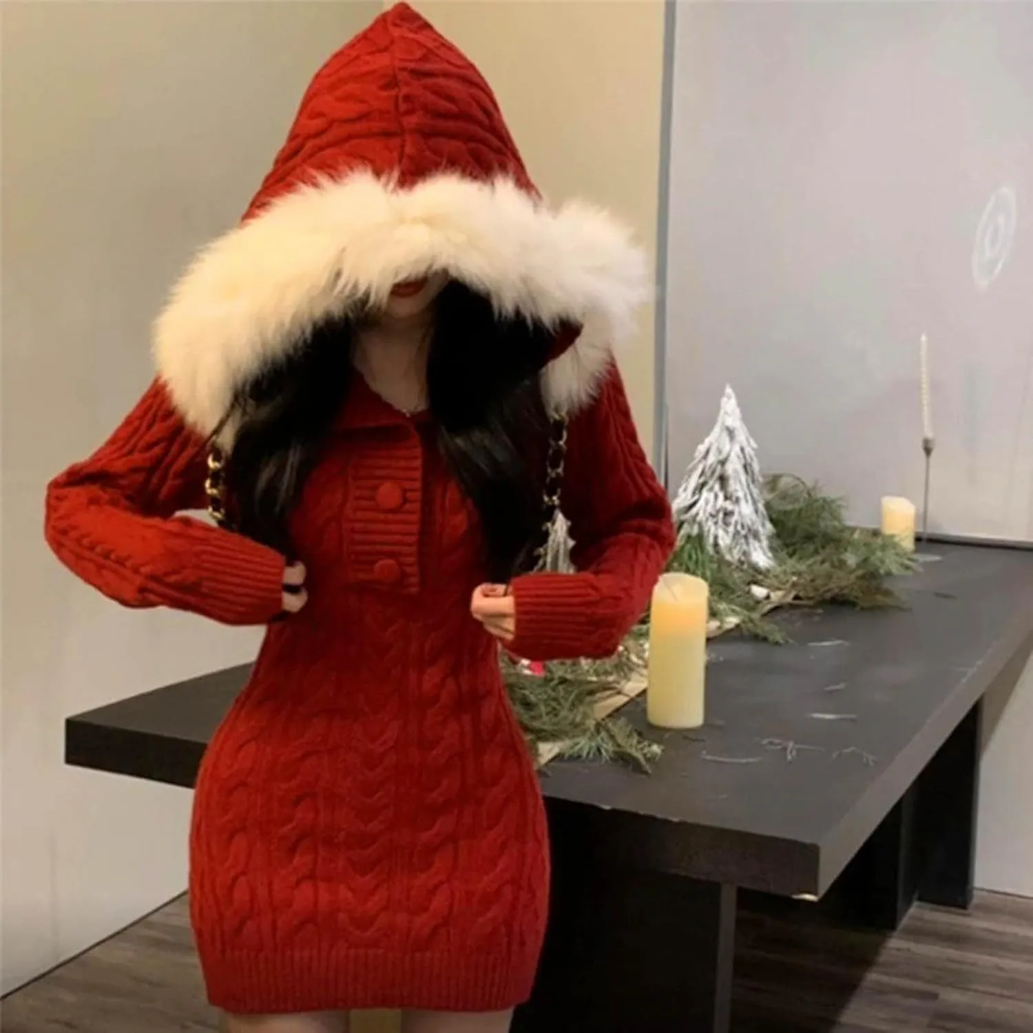 JOAU Women's Cable Knit Mini Sweater Dress Slim Fit Long Sleeve Button Up Dresses Winter V Neck Fur Trim Hooded Short Dress