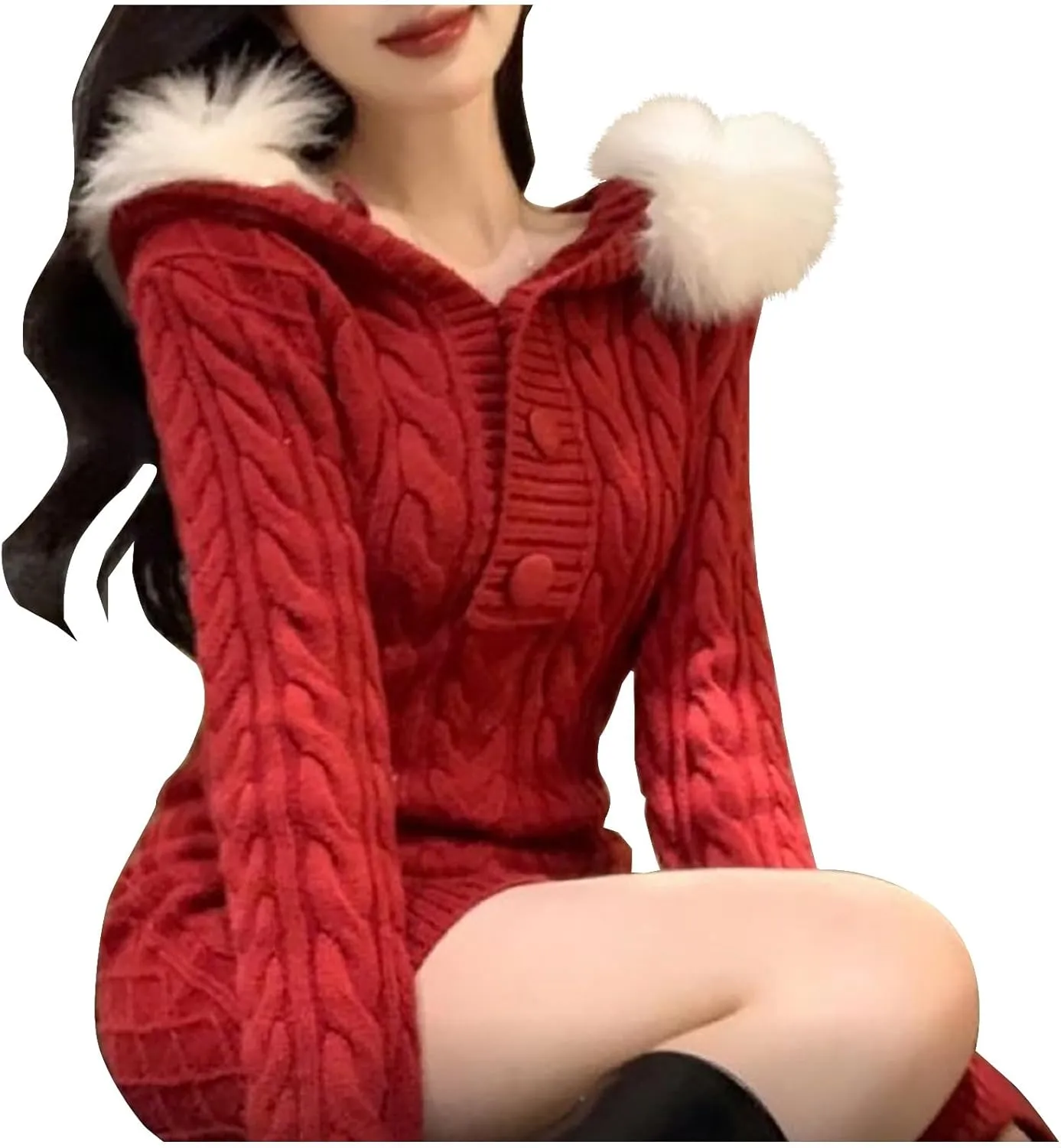 JOAU Women's Cable Knit Mini Sweater Dress Slim Fit Long Sleeve Button Up Dresses Winter V Neck Fur Trim Hooded Short Dress