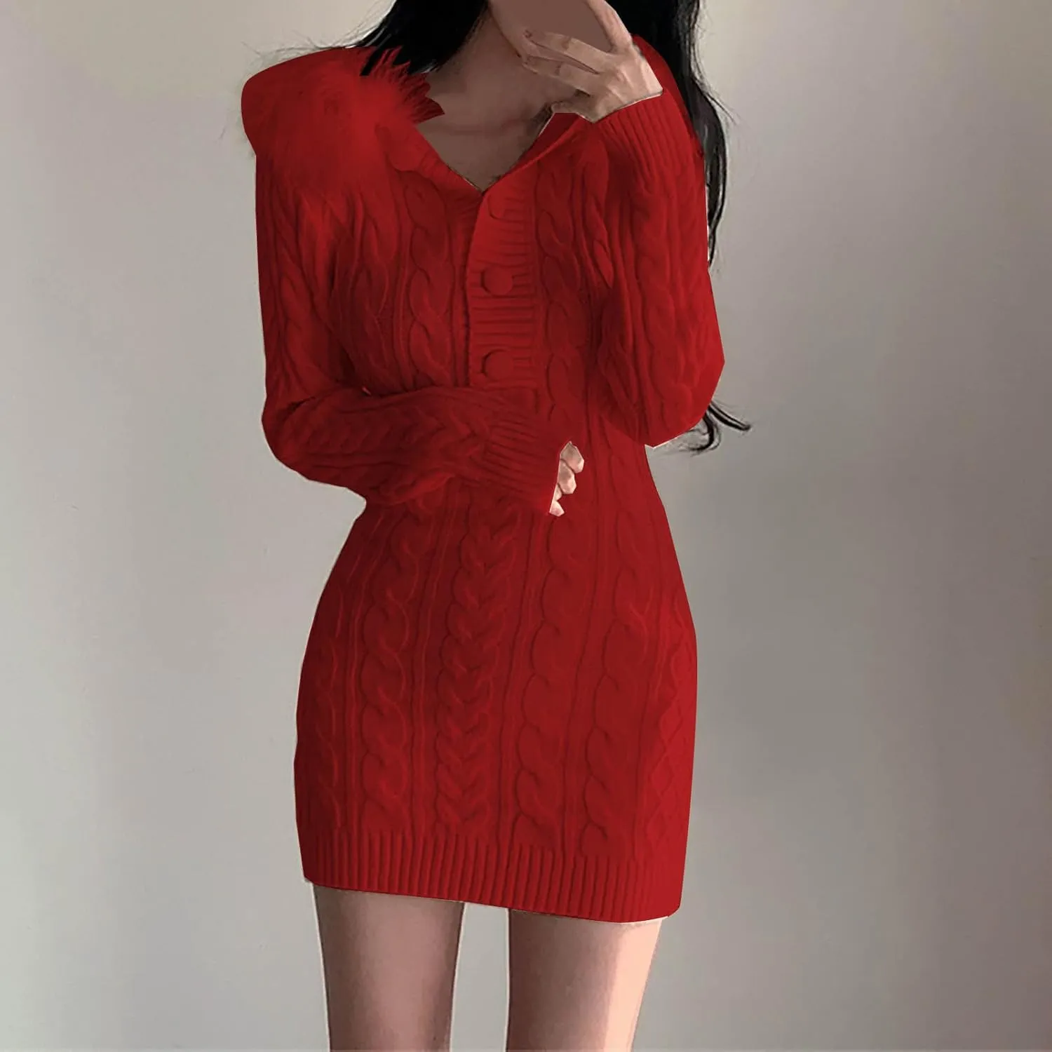 JOAU Women's Cable Knit Mini Sweater Dress Slim Fit Long Sleeve Button Up Dresses Winter V Neck Fur Trim Hooded Short Dress
