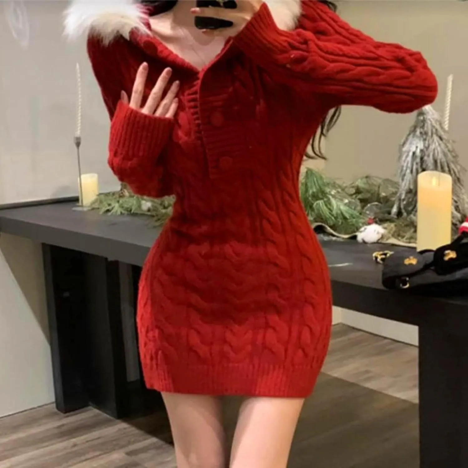 JOAU Women's Cable Knit Mini Sweater Dress Slim Fit Long Sleeve Button Up Dresses Winter V Neck Fur Trim Hooded Short Dress
