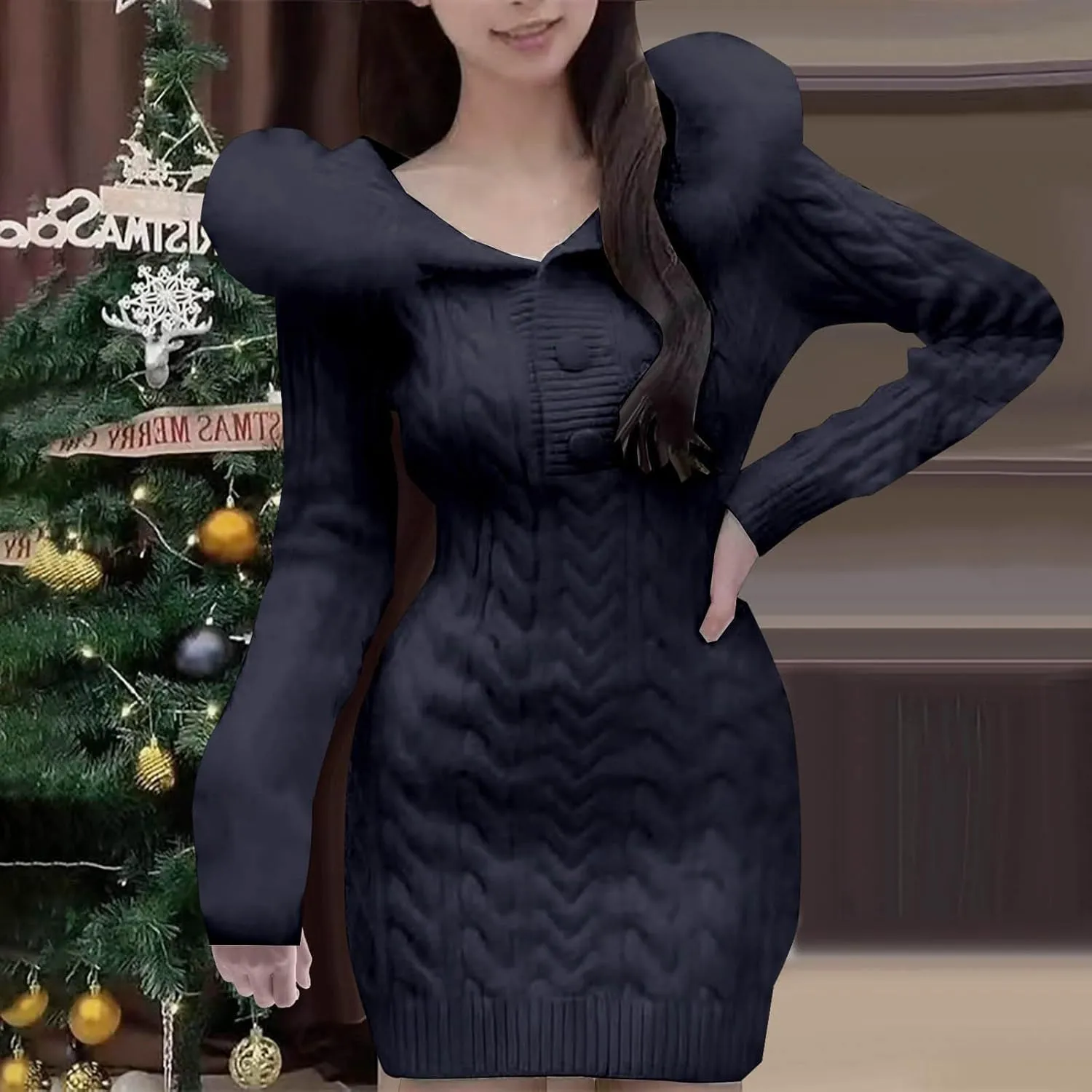 JOAU Women's Cable Knit Mini Sweater Dress Slim Fit Long Sleeve Button Up Dresses Winter V Neck Fur Trim Hooded Short Dress
