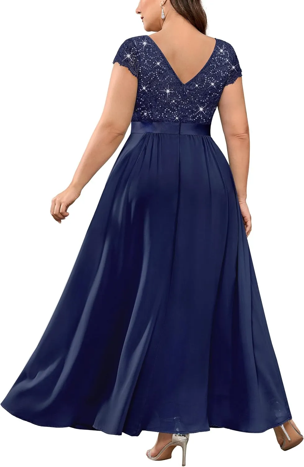 Knitee Women's Plus Size Sequin Floral Lace Formal Bridesmaid Party Flowy Maxi Dress