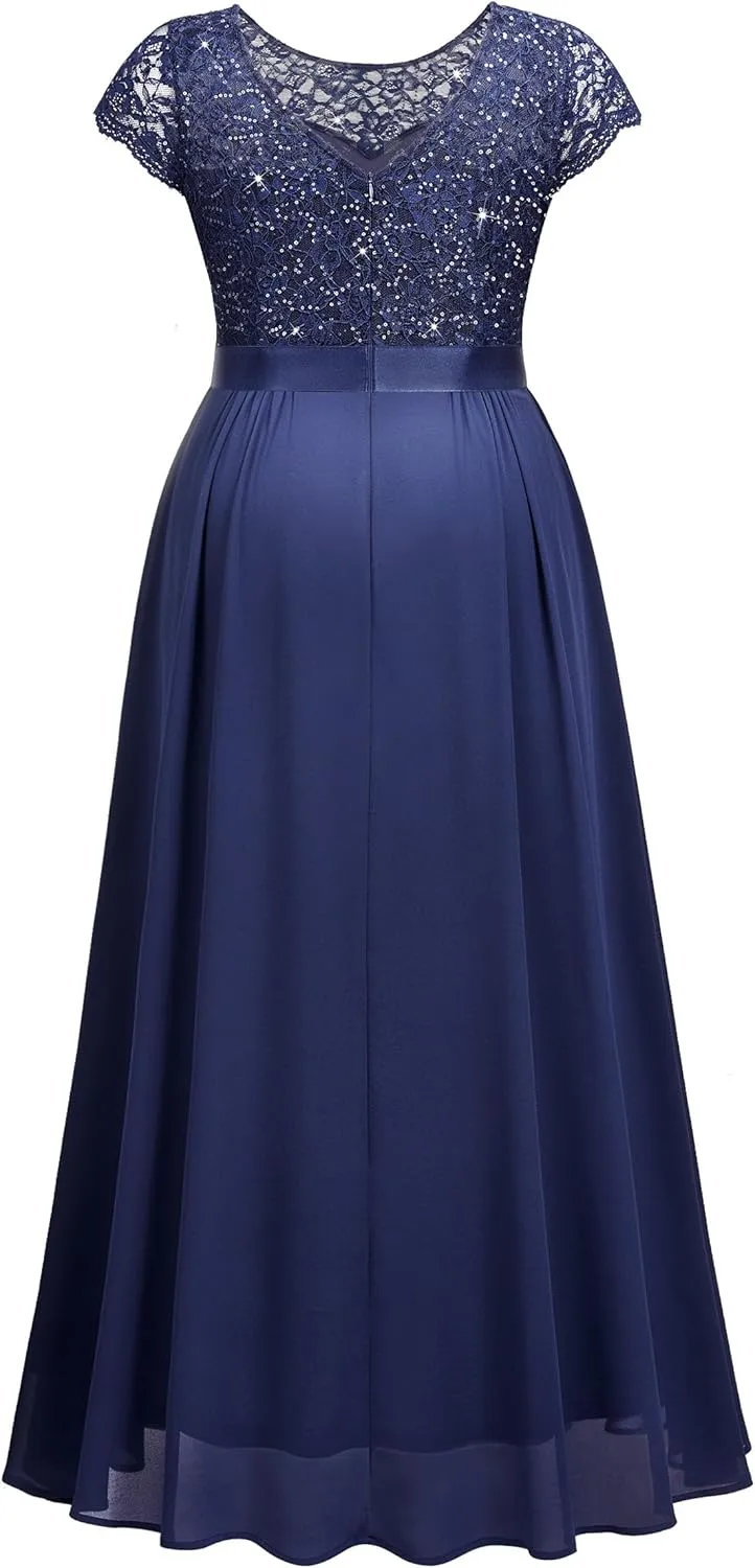 Knitee Women's Plus Size Sequin Floral Lace Formal Bridesmaid Party Flowy Maxi Dress
