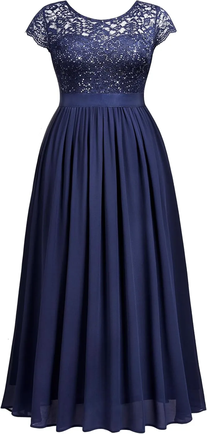 Knitee Women's Plus Size Sequin Floral Lace Formal Bridesmaid Party Flowy Maxi Dress
