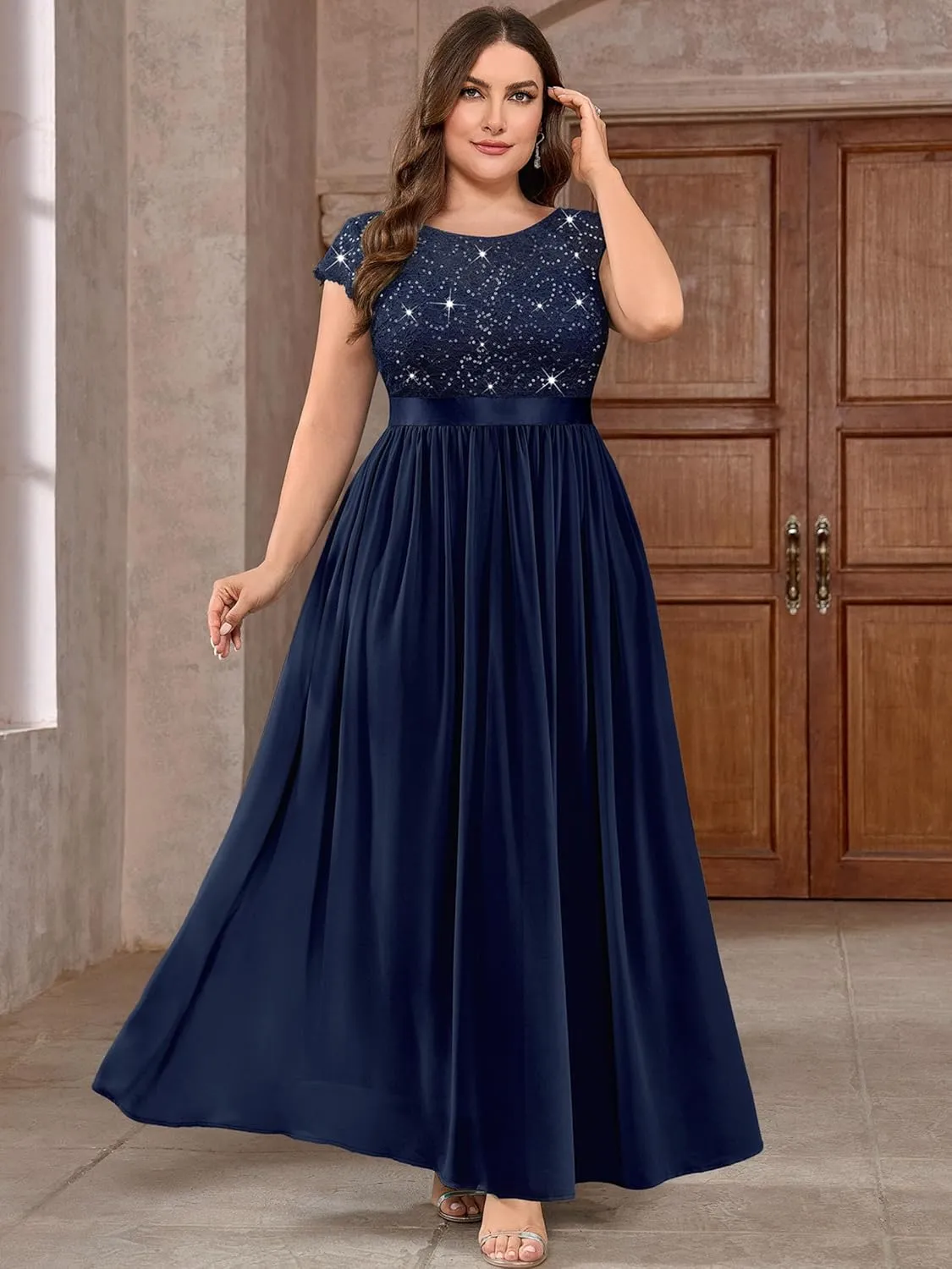 Knitee Women's Plus Size Sequin Floral Lace Formal Bridesmaid Party Flowy Maxi Dress