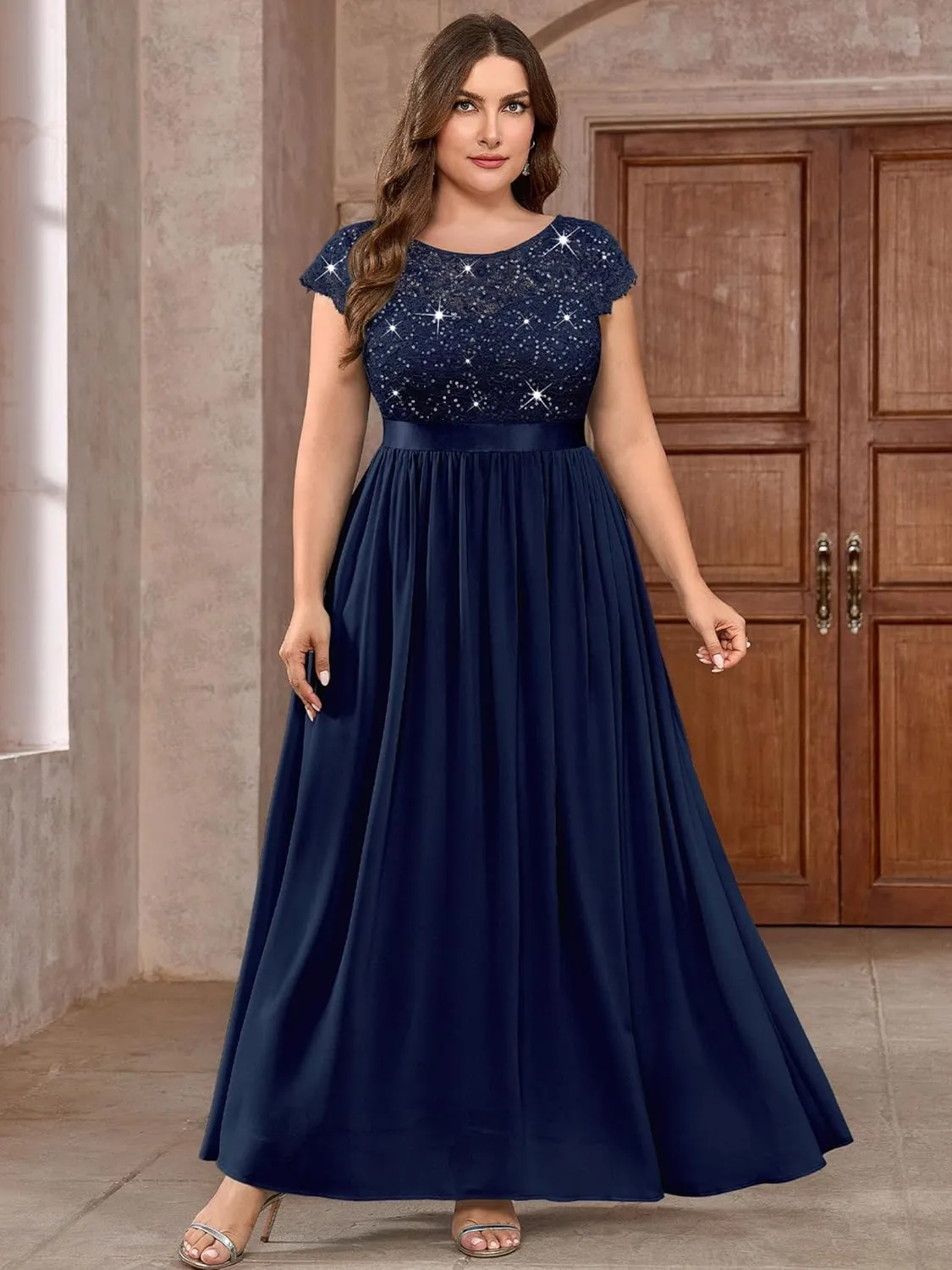 Knitee Women's Plus Size Sequin Floral Lace Formal Bridesmaid Party Flowy Maxi Dress