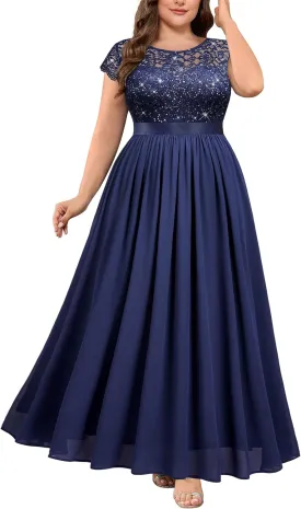 Knitee Women's Plus Size Sequin Floral Lace Formal Bridesmaid Party Flowy Maxi Dress