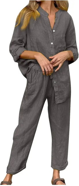 Linen Set for Women 2 Piece Outfits Casual Pants Sets Plus Size Track Suits Solid Color Lounge Wear with Pockets
