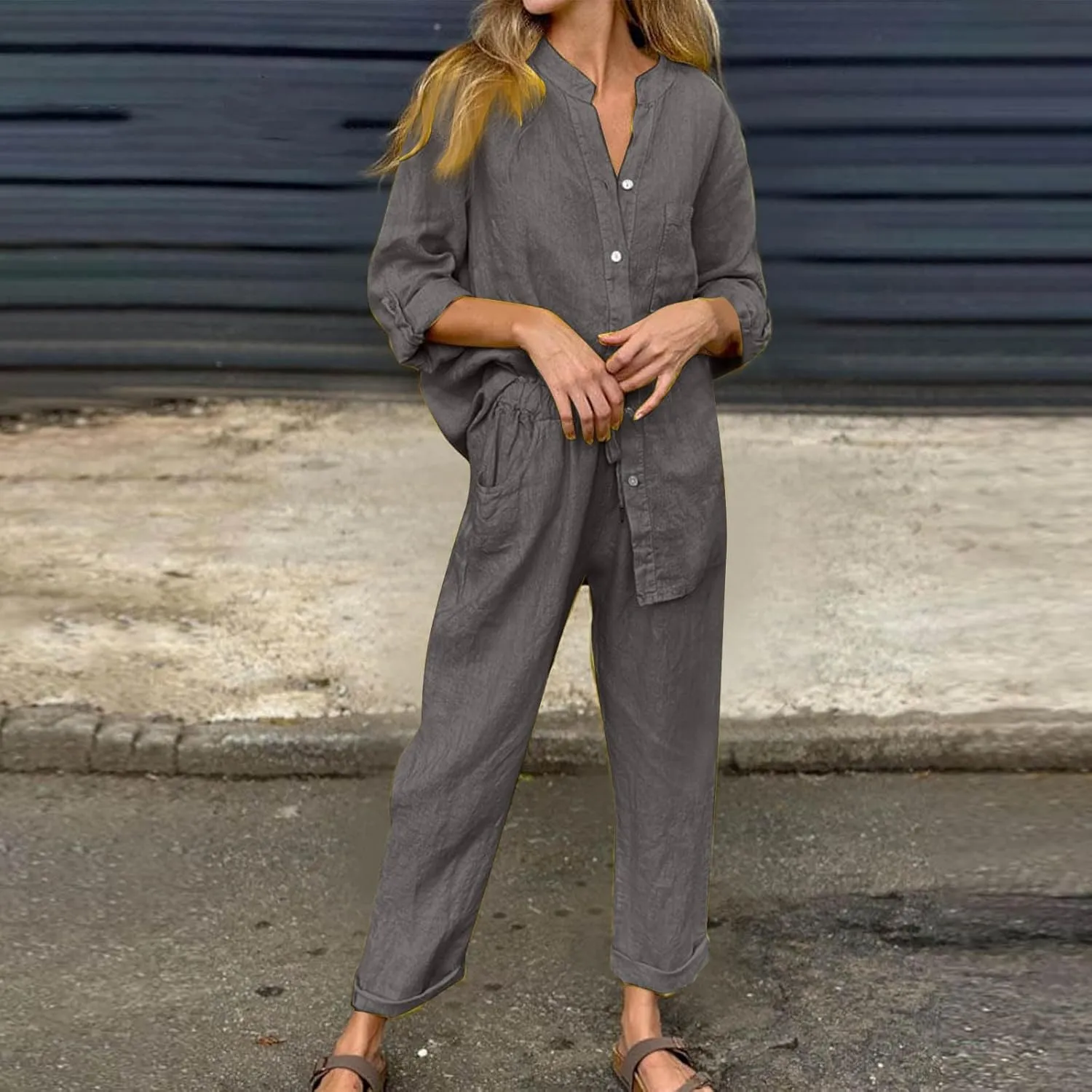 Linen Set for Women 2 Piece Outfits Casual Pants Sets Plus Size Track Suits Solid Color Lounge Wear with Pockets