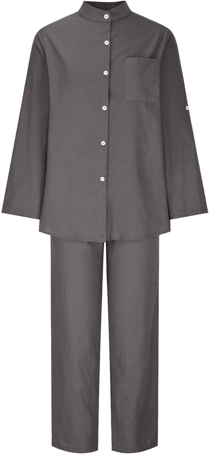 Linen Set for Women 2 Piece Outfits Casual Pants Sets Plus Size Track Suits Solid Color Lounge Wear with Pockets