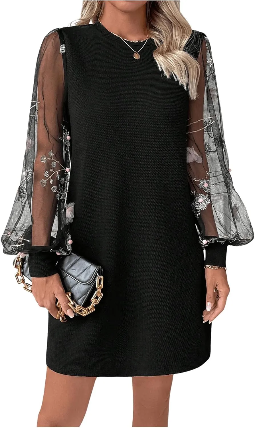 MakeMeChic Women's Summer Long Sleeve Floral Sheer Dress Wedding Guest Mesh Crew Neck Lace Black Mini Dresses