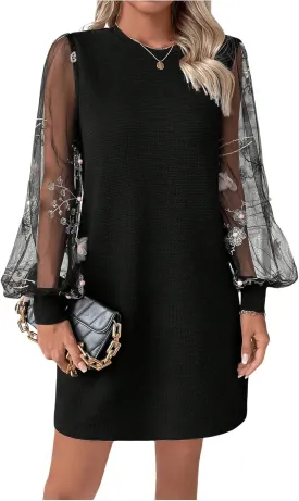MakeMeChic Women's Summer Long Sleeve Floral Sheer Dress Wedding Guest Mesh Crew Neck Lace Black Mini Dresses