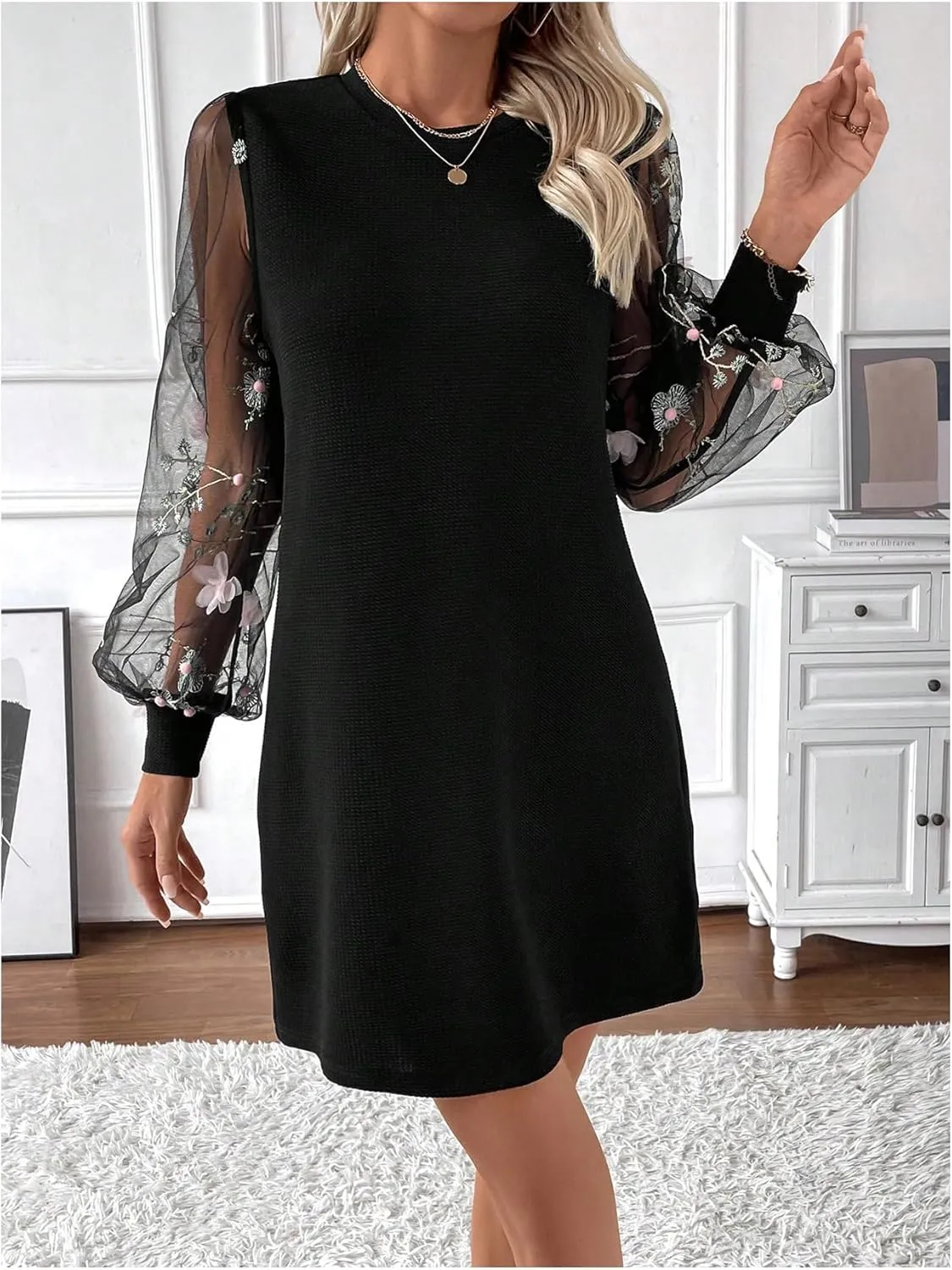 MakeMeChic Women's Summer Long Sleeve Floral Sheer Dress Wedding Guest Mesh Crew Neck Lace Black Mini Dresses