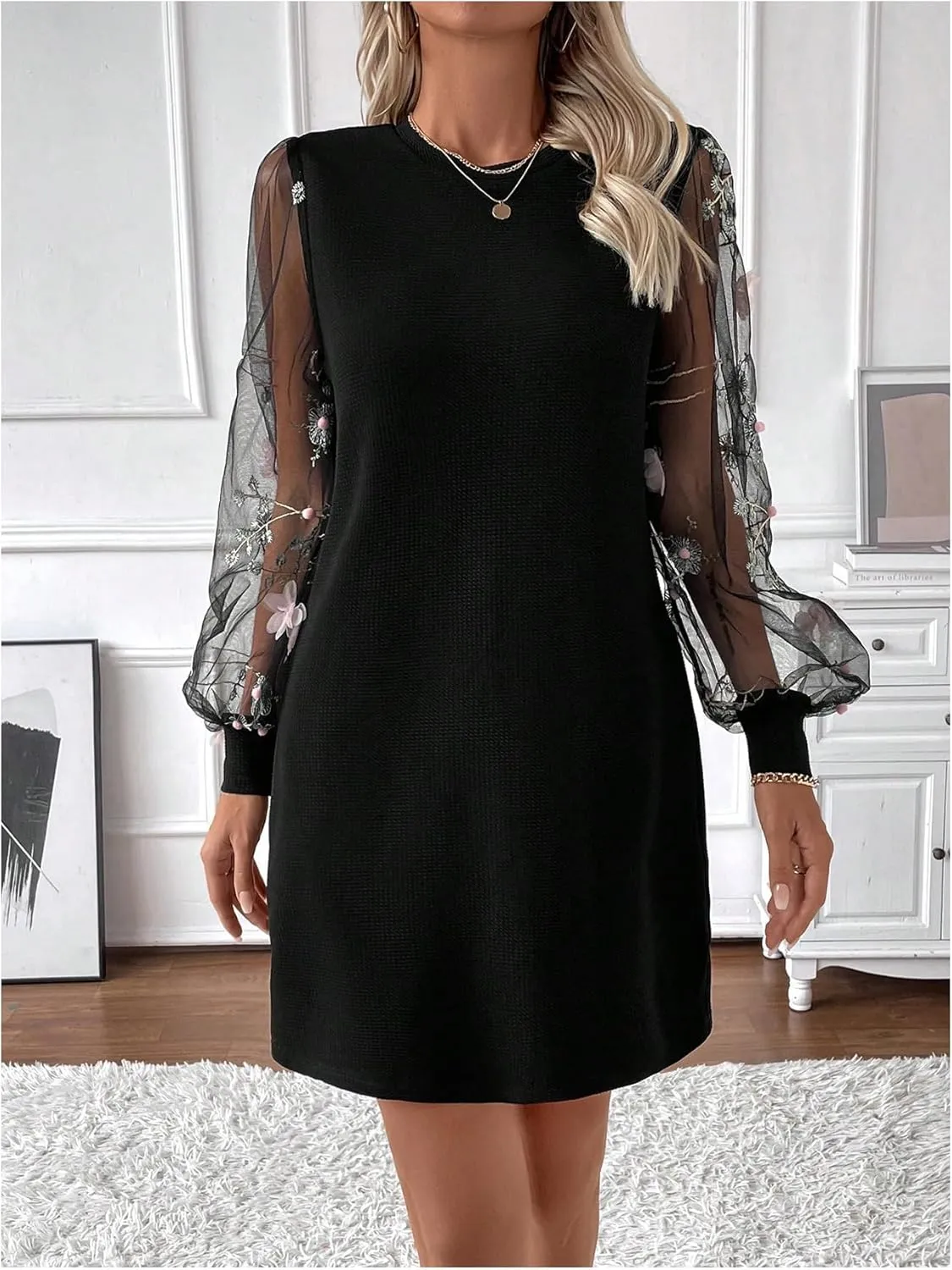 MakeMeChic Women's Summer Long Sleeve Floral Sheer Dress Wedding Guest Mesh Crew Neck Lace Black Mini Dresses
