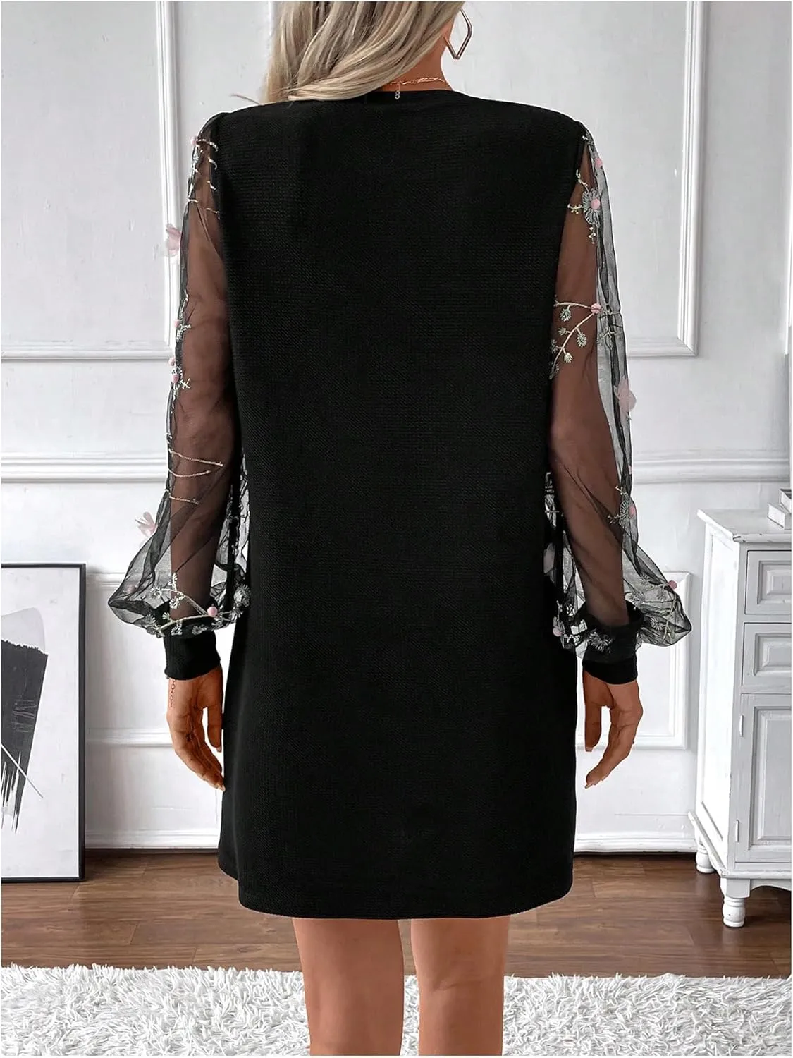 MakeMeChic Women's Summer Long Sleeve Floral Sheer Dress Wedding Guest Mesh Crew Neck Lace Black Mini Dresses