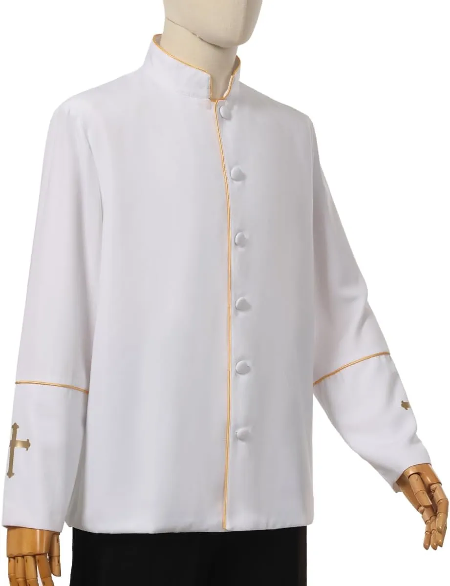 Mens Clergy Coat Church Priest Robe Vestment Stand Up Collar Button Down Top Outwear for Pastor