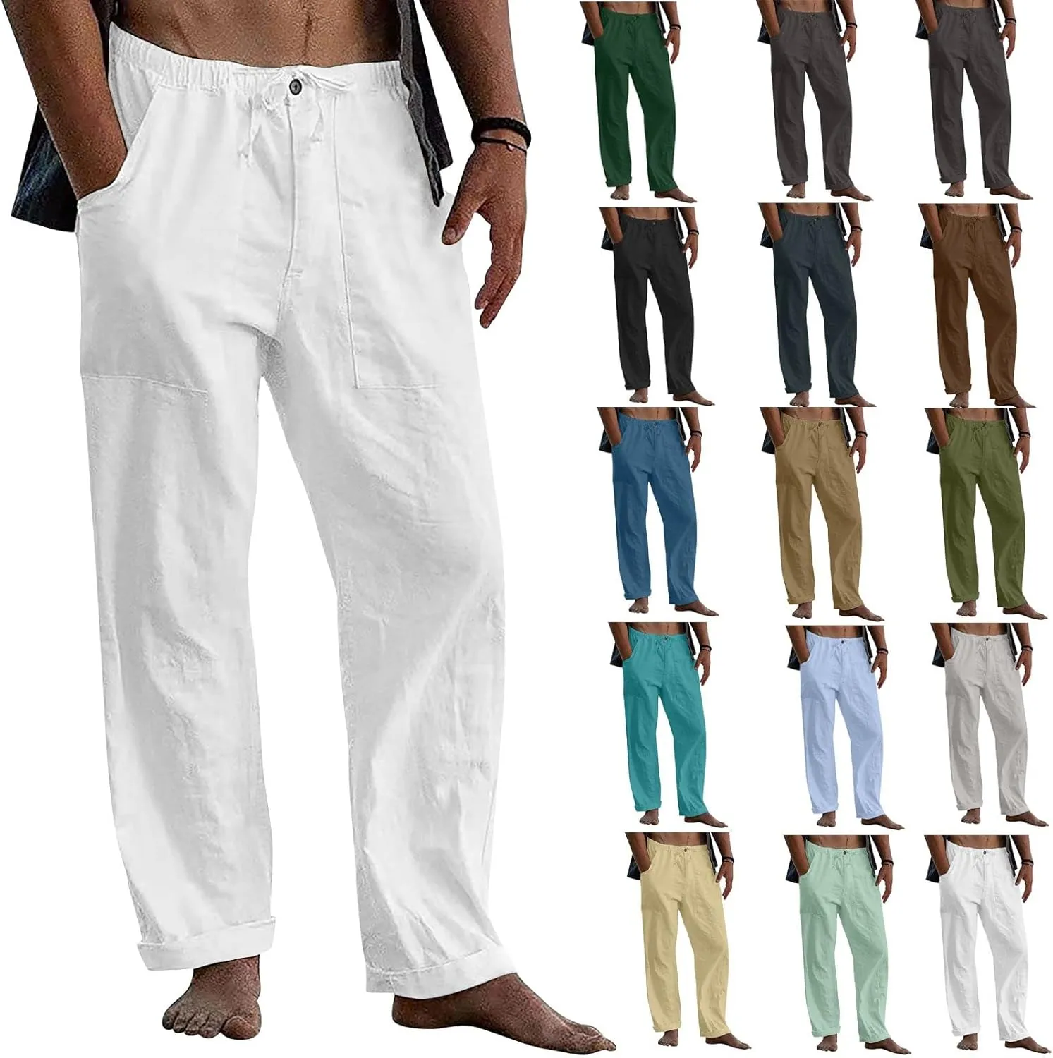 Mens Linen Pants Yoga Beach Loose Fit Casual Summer Elastic Waist Drawstring Wide Leg Baggy Pants Trousers for Men