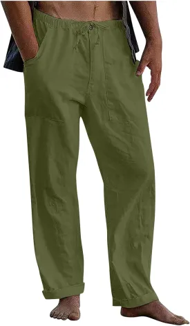 Mens Linen Pants Yoga Beach Loose Fit Casual Summer Elastic Waist Drawstring Wide Leg Baggy Pants Trousers for Men