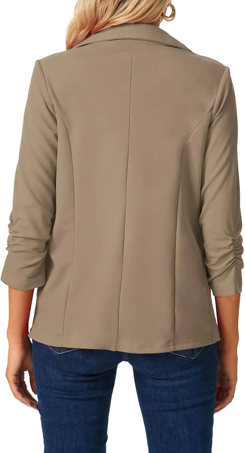 MINTLIMIT Women's Open Front Blazers Ruched 3/4 Sleeve Work Office Blazer Notch Collar Lightweight Jacket with Pockets