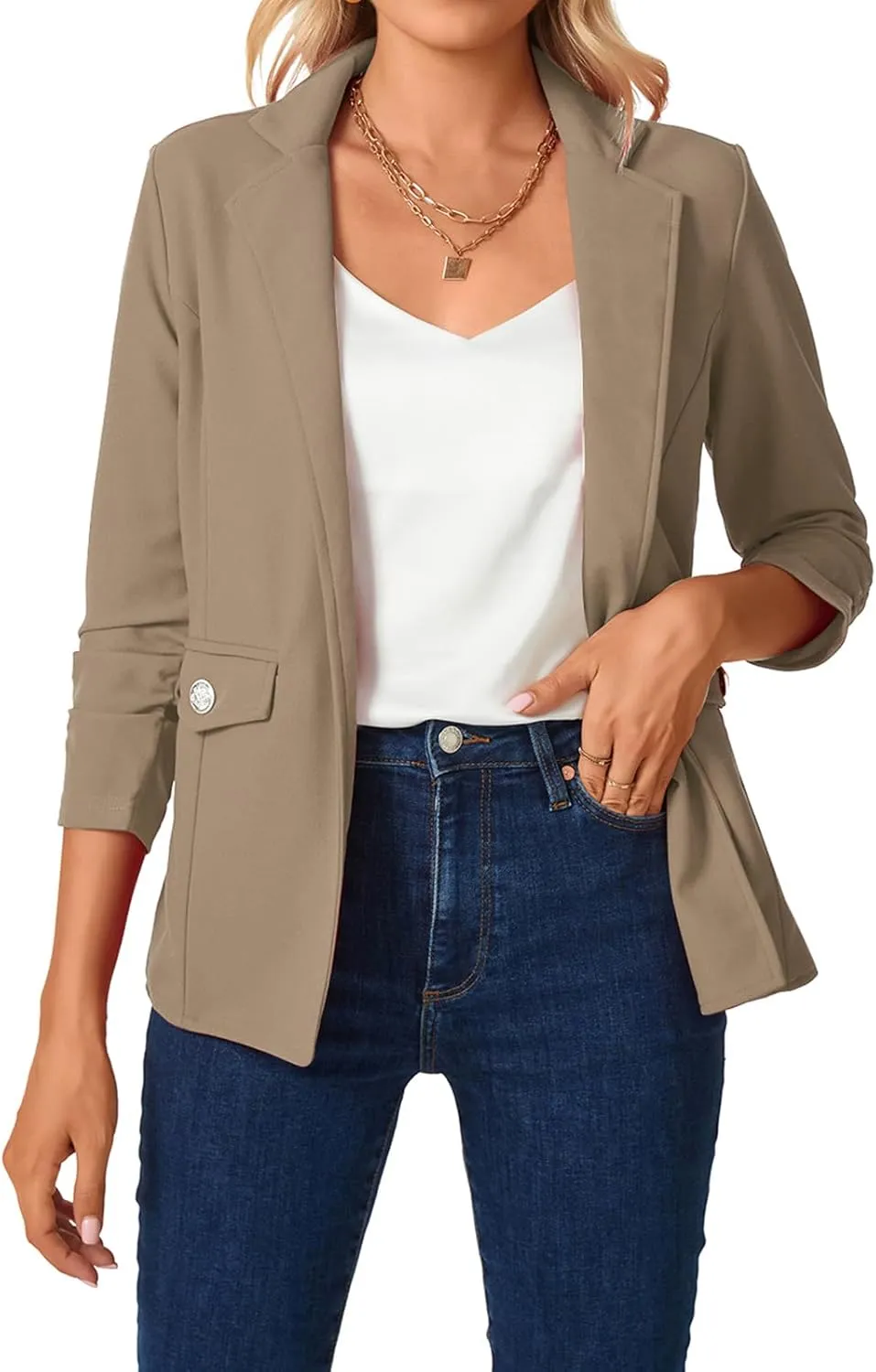 MINTLIMIT Women's Open Front Blazers Ruched 3/4 Sleeve Work Office Blazer Notch Collar Lightweight Jacket with Pockets