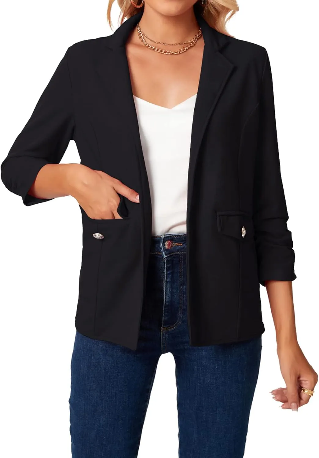 MINTLIMIT Women's Open Front Blazers Ruched 3/4 Sleeve Work Office Blazer Notch Collar Lightweight Jacket with Pockets