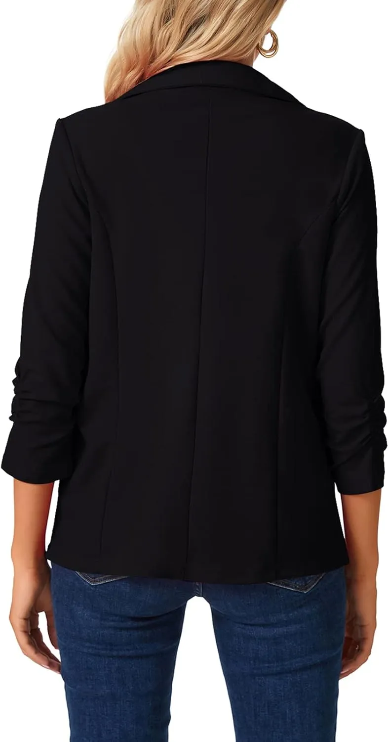 MINTLIMIT Women's Open Front Blazers Ruched 3/4 Sleeve Work Office Blazer Notch Collar Lightweight Jacket with Pockets