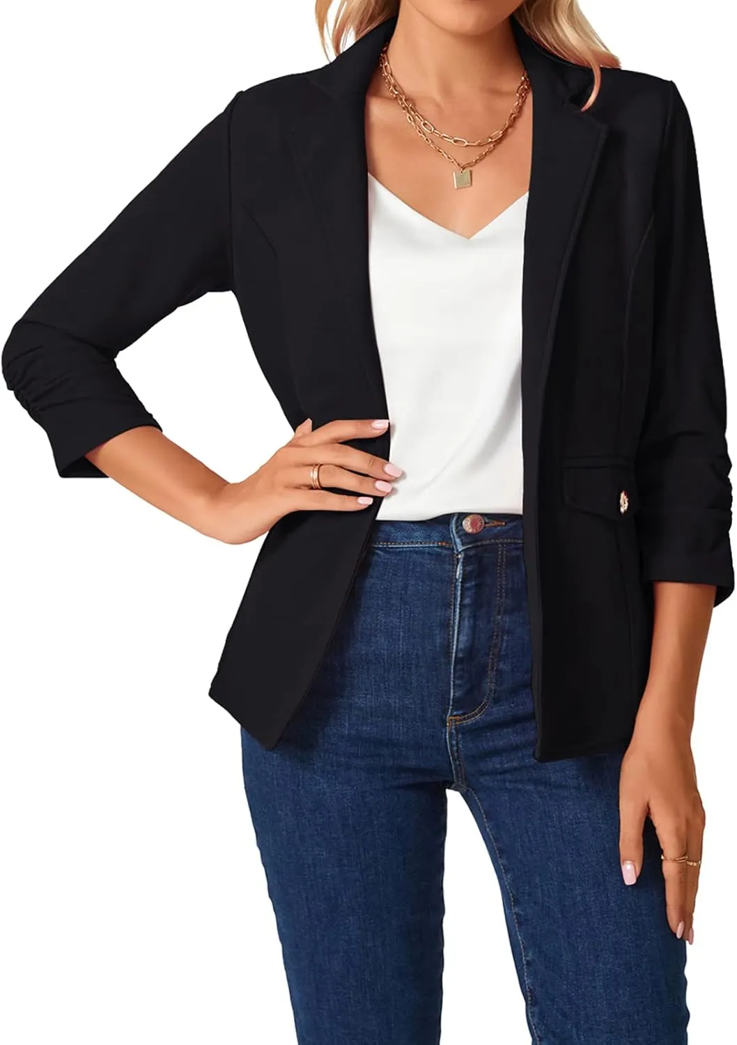 MINTLIMIT Women's Open Front Blazers Ruched 3/4 Sleeve Work Office Blazer Notch Collar Lightweight Jacket with Pockets
