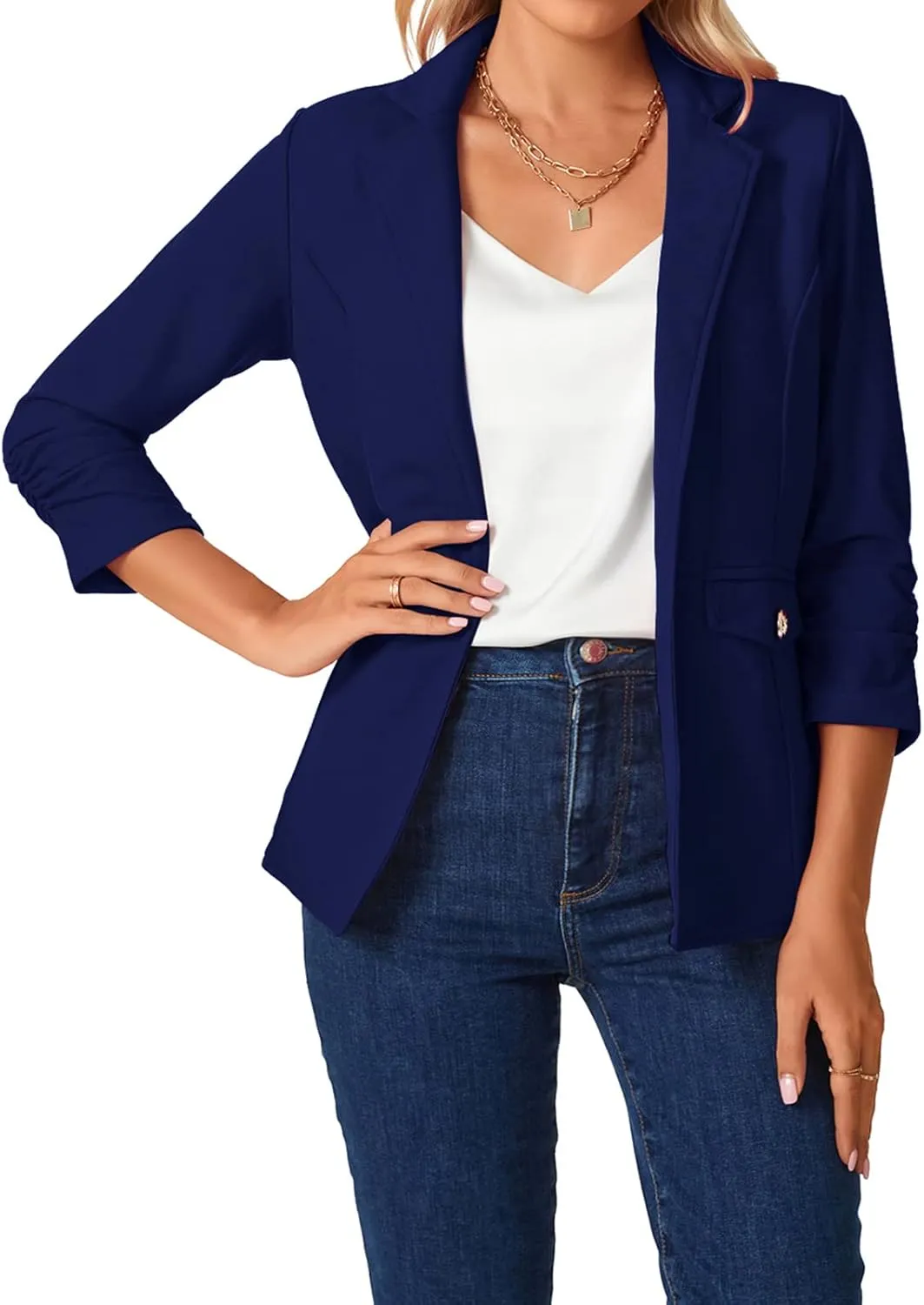 MINTLIMIT Women's Open Front Blazers Ruched 3/4 Sleeve Work Office Blazer Notch Collar Lightweight Jacket with Pockets