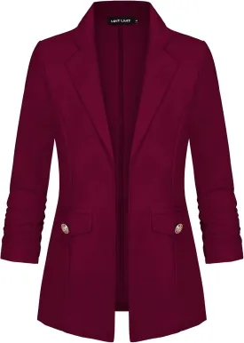 MINTLIMIT Women's Open Front Blazers Ruched 3/4 Sleeve Work Office Blazer Notch Collar Lightweight Jacket with Pockets
