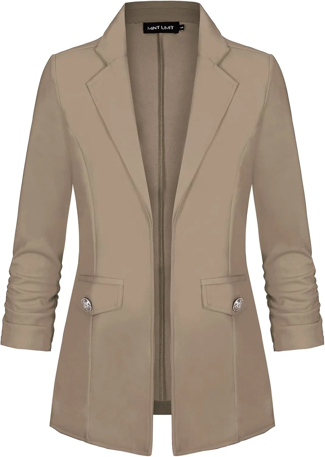 MINTLIMIT Women's Open Front Blazers Ruched 3/4 Sleeve Work Office Blazer Notch Collar Lightweight Jacket with Pockets