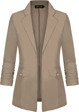 MINTLIMIT Women's Open Front Blazers Ruched 3/4 Sleeve Work Office Blazer Notch Collar Lightweight Jacket with Pockets