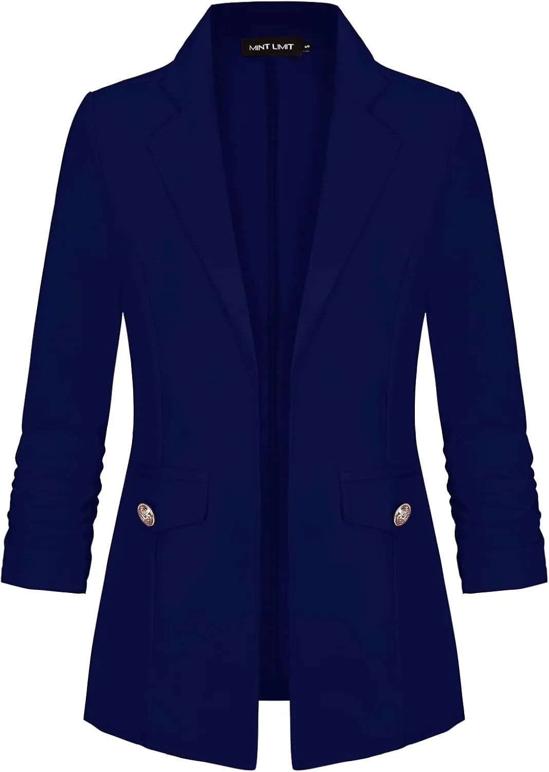 MINTLIMIT Women's Open Front Blazers Ruched 3/4 Sleeve Work Office Blazer Notch Collar Lightweight Jacket with Pockets