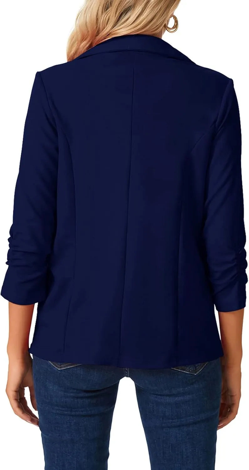 MINTLIMIT Women's Open Front Blazers Ruched 3/4 Sleeve Work Office Blazer Notch Collar Lightweight Jacket with Pockets