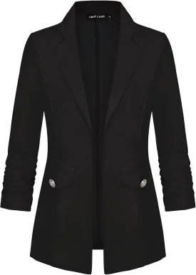 MINTLIMIT Women's Open Front Blazers Ruched 3/4 Sleeve Work Office Blazer Notch Collar Lightweight Jacket with Pockets