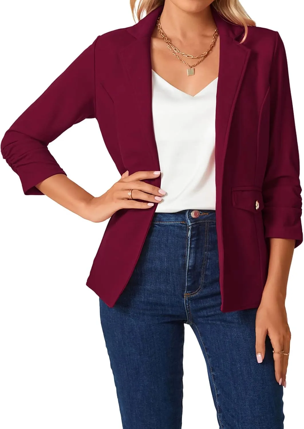 MINTLIMIT Women's Open Front Blazers Ruched 3/4 Sleeve Work Office Blazer Notch Collar Lightweight Jacket with Pockets
