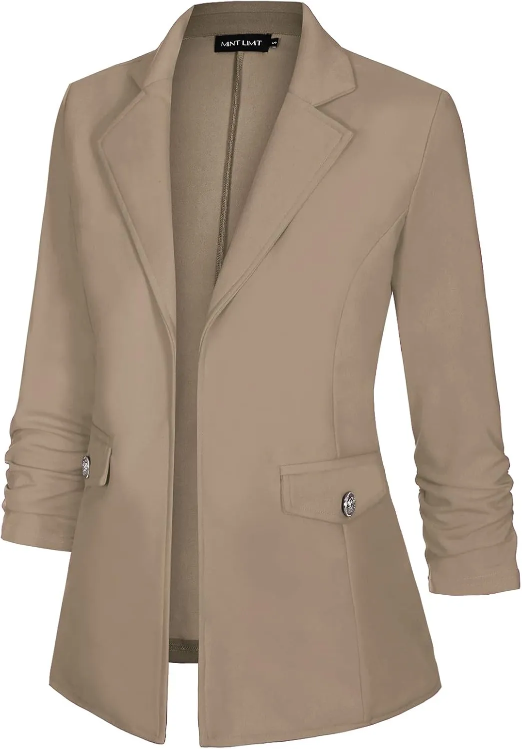 MINTLIMIT Women's Open Front Blazers Ruched 3/4 Sleeve Work Office Blazer Notch Collar Lightweight Jacket with Pockets