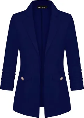 MINTLIMIT Women's Open Front Blazers Ruched 3/4 Sleeve Work Office Blazer Notch Collar Lightweight Jacket with Pockets