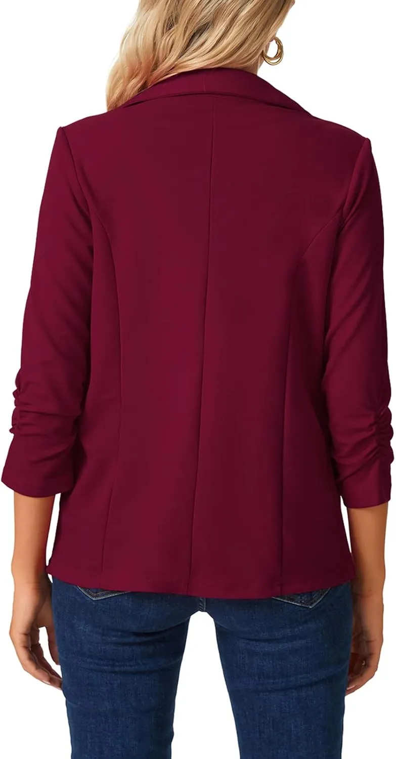 MINTLIMIT Women's Open Front Blazers Ruched 3/4 Sleeve Work Office Blazer Notch Collar Lightweight Jacket with Pockets