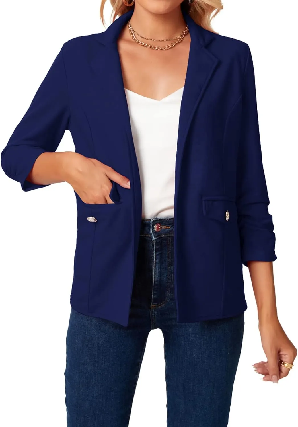 MINTLIMIT Women's Open Front Blazers Ruched 3/4 Sleeve Work Office Blazer Notch Collar Lightweight Jacket with Pockets